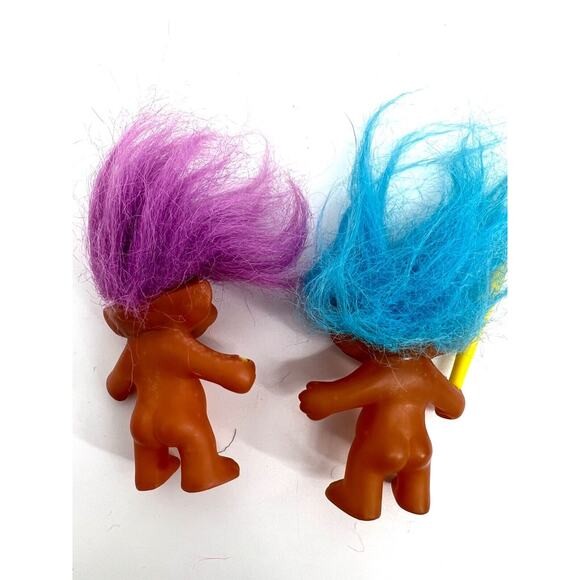 Vintage Korea Lucky Troll Doll Lot of 2 Small Troll Dolls Blue Purple Hair - Picture 2 of 4
